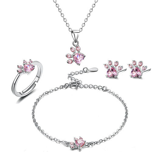 Ensemble de bijoux avec pattes pour femmes – 4 pièces | Or rose avec cœur en zirconia – Bague, collier, boucles d'oreilles et bracelet