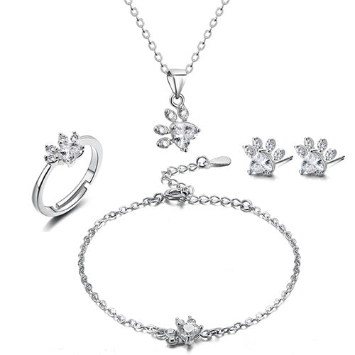 Ensemble de bijoux avec pattes pour femmes – 4 pièces | Or rose avec cœur en zirconia – Bague, collier, boucles d'oreilles et bracelet