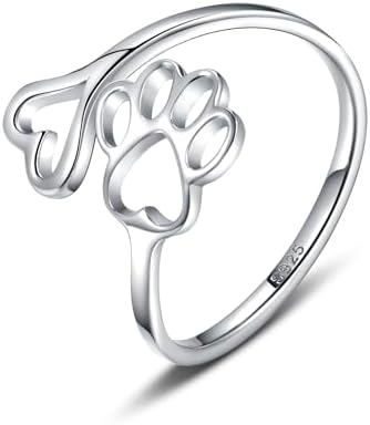 Anneau ajustable en argent sterling avec empreinte de patte et cœur fait main