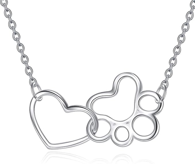 Collier à empreinte de patte en argent sterling – Pendentif en forme de cœur avec cristal et patte de chien