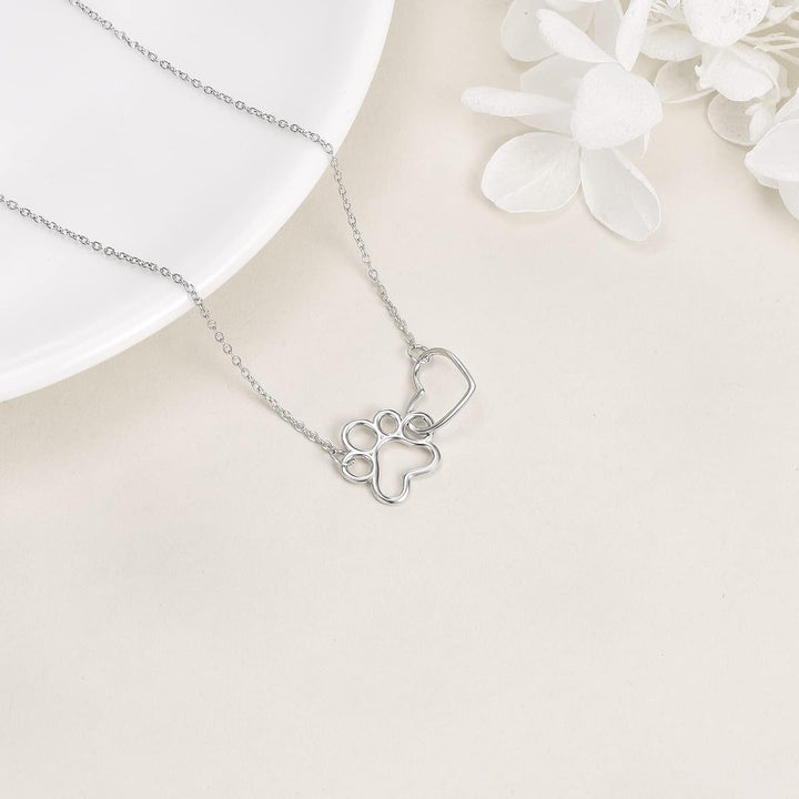 Collier à empreinte de patte en argent sterling – Pendentif en forme de cœur avec cristal et patte de chien