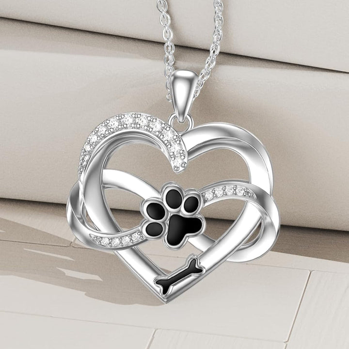 Collier Infinity avec Cœur et Patte en Argent – Bijoux Symboliques pour Animaux de Compagnie