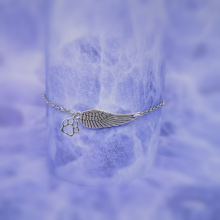 Bracelet commémoratif en argent avec ailes d'ange et empreinte de patte | Fait à la main