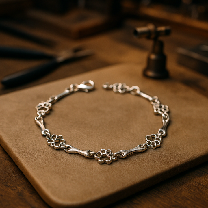Bracelet avec Breloque Patte et Os de Chien en Argent Massif