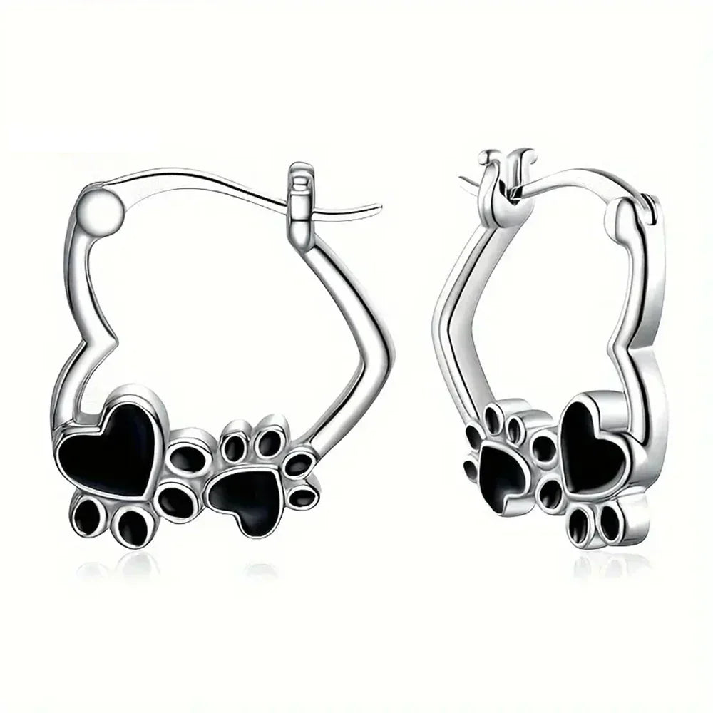 Boucles d'oreilles cercle Heart-Paw – Motif animal en argent avec design en émail noir