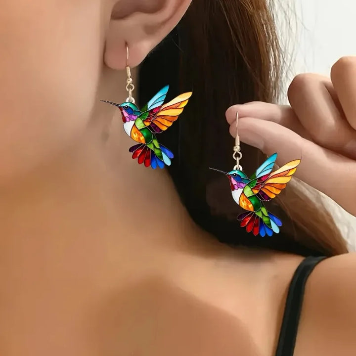 Boucles d'oreilles pendantes avec colibris colorés – Boucles d'oreilles en acrylique au design 2D