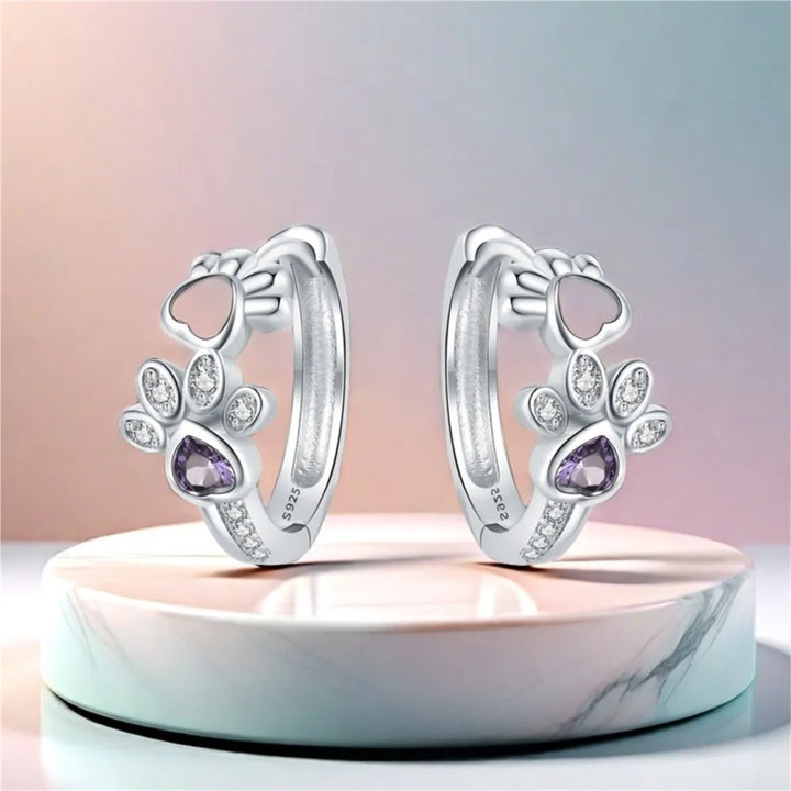 Boucles d'oreilles en anneau avec pattes en argent sterling – Bijoux avec zircons et cœur en pierre pour femme