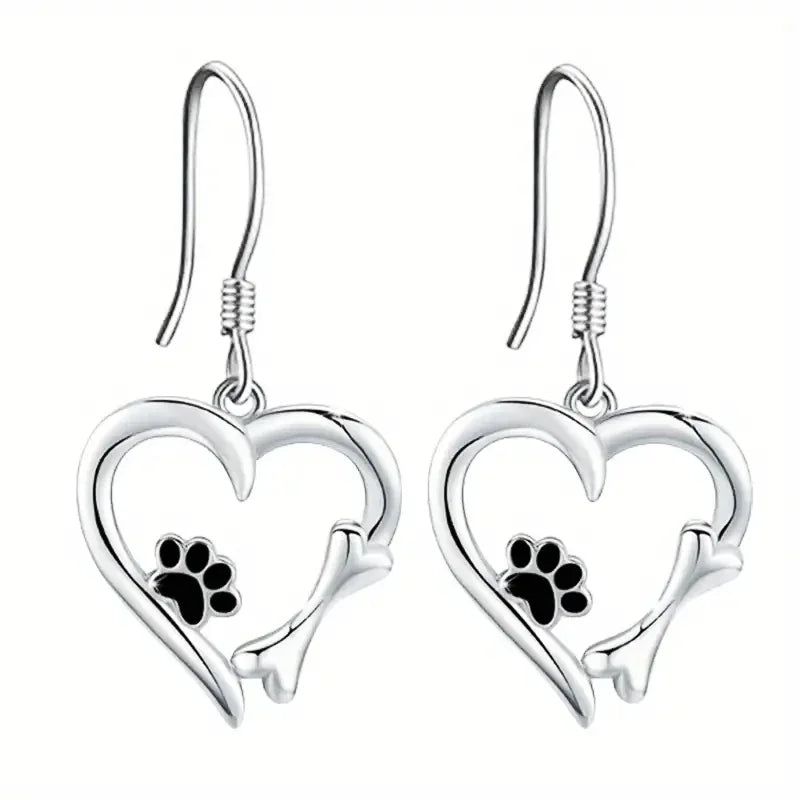Boucles d'oreilles pendantes en forme de cœur avec empreinte de patte – Bijoux en argent ludiques