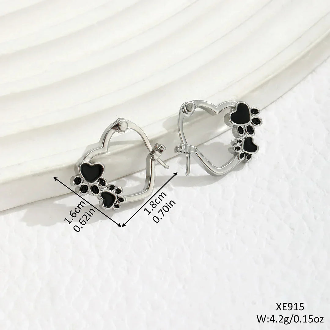 Boucles d'oreilles cercle Heart-Paw – Motif animal en argent avec design en émail noir