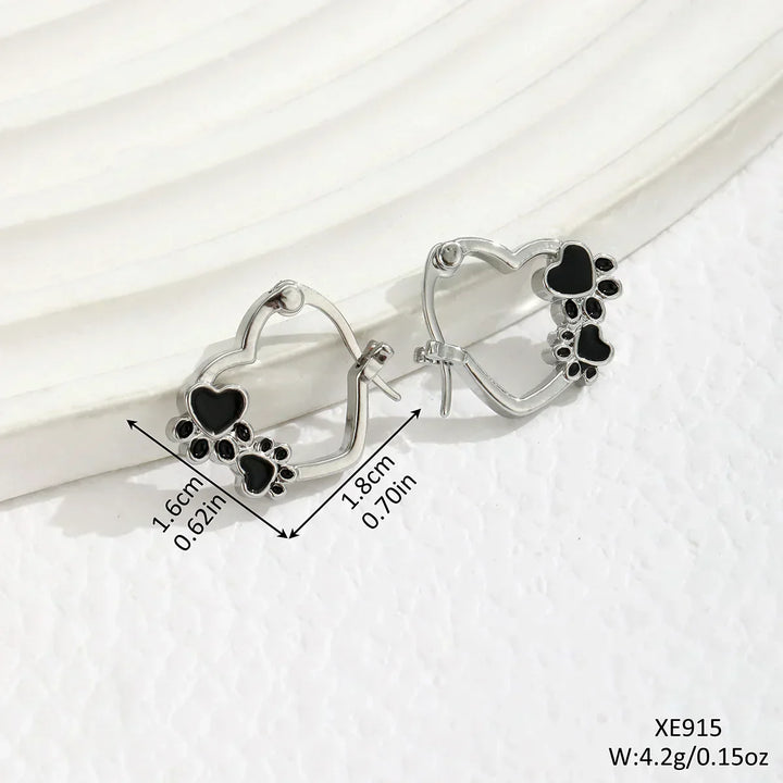 Boucles d'oreilles cercle Heart-Paw – Motif animal en argent avec design en émail noir