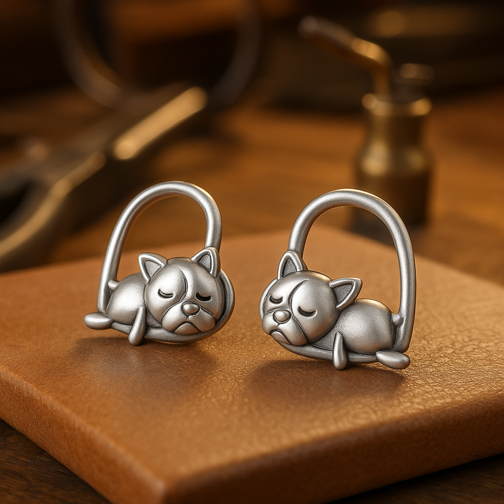 Boucles d'oreilles pendantes avec chiot endormi en argent sterling