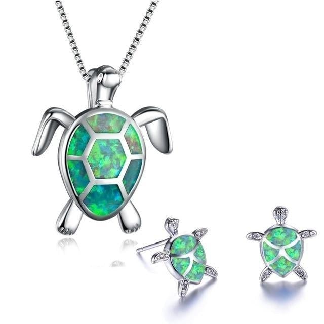Parure Tortue de Mer – Collier et Boucles d'Oreilles en Argent avec Opale