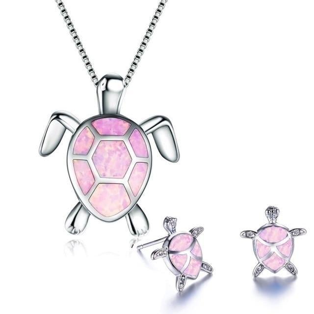 Parure Tortue de Mer – Collier et Boucles d'Oreilles en Argent avec Opale